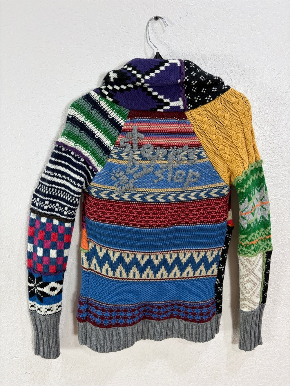 Desigual Multicolor Patchwork Zip-Up Sweater with Gray Trim,Size M. - Picture 10 of 17
